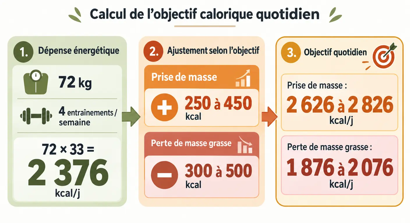 Infographie du calcul du niveau calorique de départ d'un sportif végétarien en deux étapes chiffrées