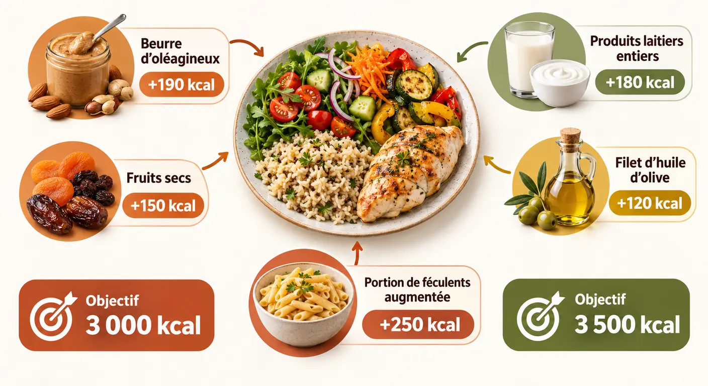 Infographie des ajouts caloriques permettant de passer le plan végétarien de référence à 3 000 puis 3 500 kcal