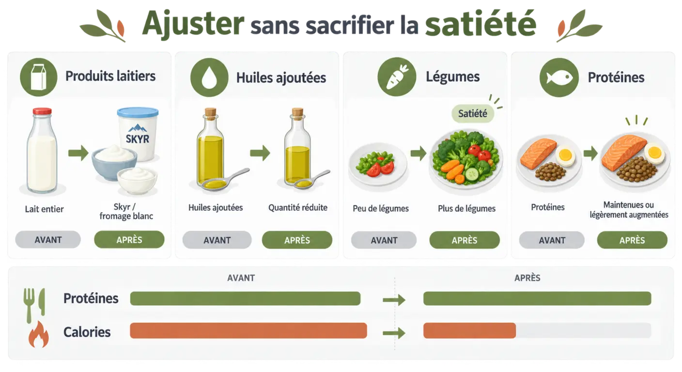 Infographie des ajustements permettant de descendre à 2 500 kcal en préservant la masse musculaire
