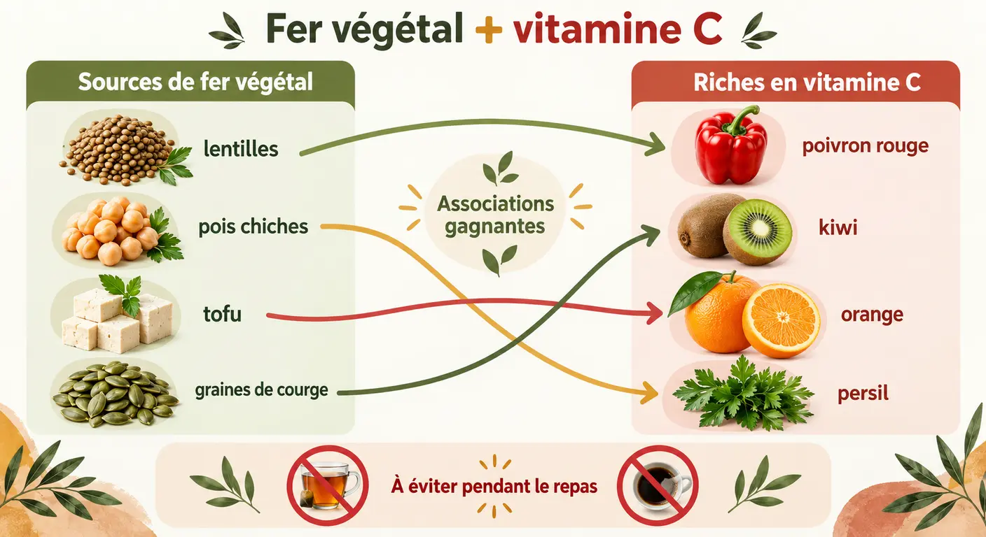 Infographie des associations entre sources de fer végétal et vitamine C pour améliorer l'absorption