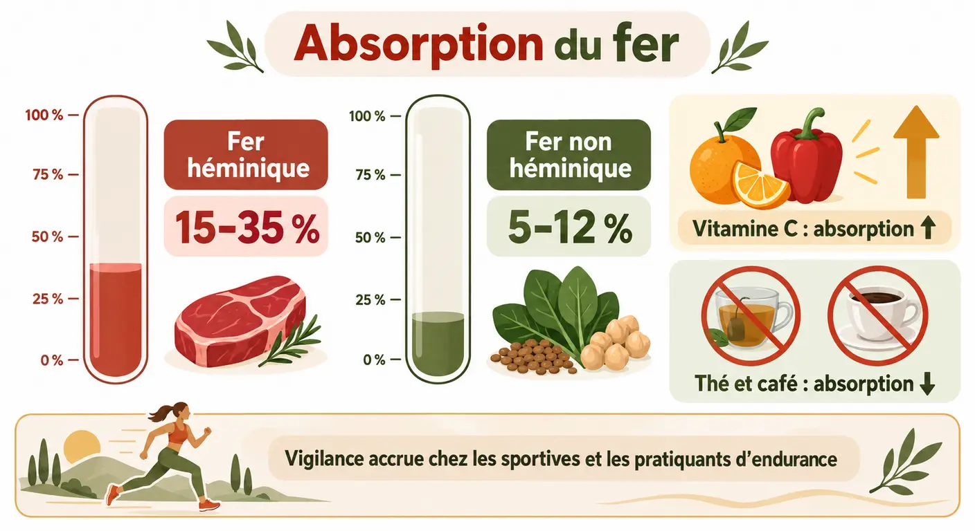 Infographie comparant les taux d'absorption du fer héminique et du fer non héminique et les facteurs qui les modifient