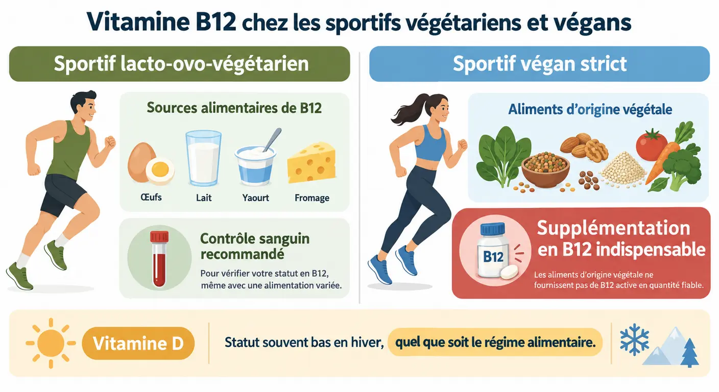 Infographie distinguant la situation du végétarien lacto-ovo et du végétalien strict pour la vitamine B12, avec un rappel sur la vitamine D