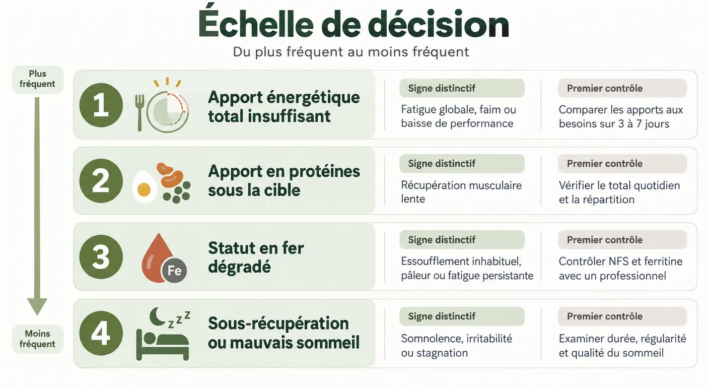 Infographie des quatre hypothèses hiérarchisées à vérifier en cas de fatigue persistante chez le sportif végétarien