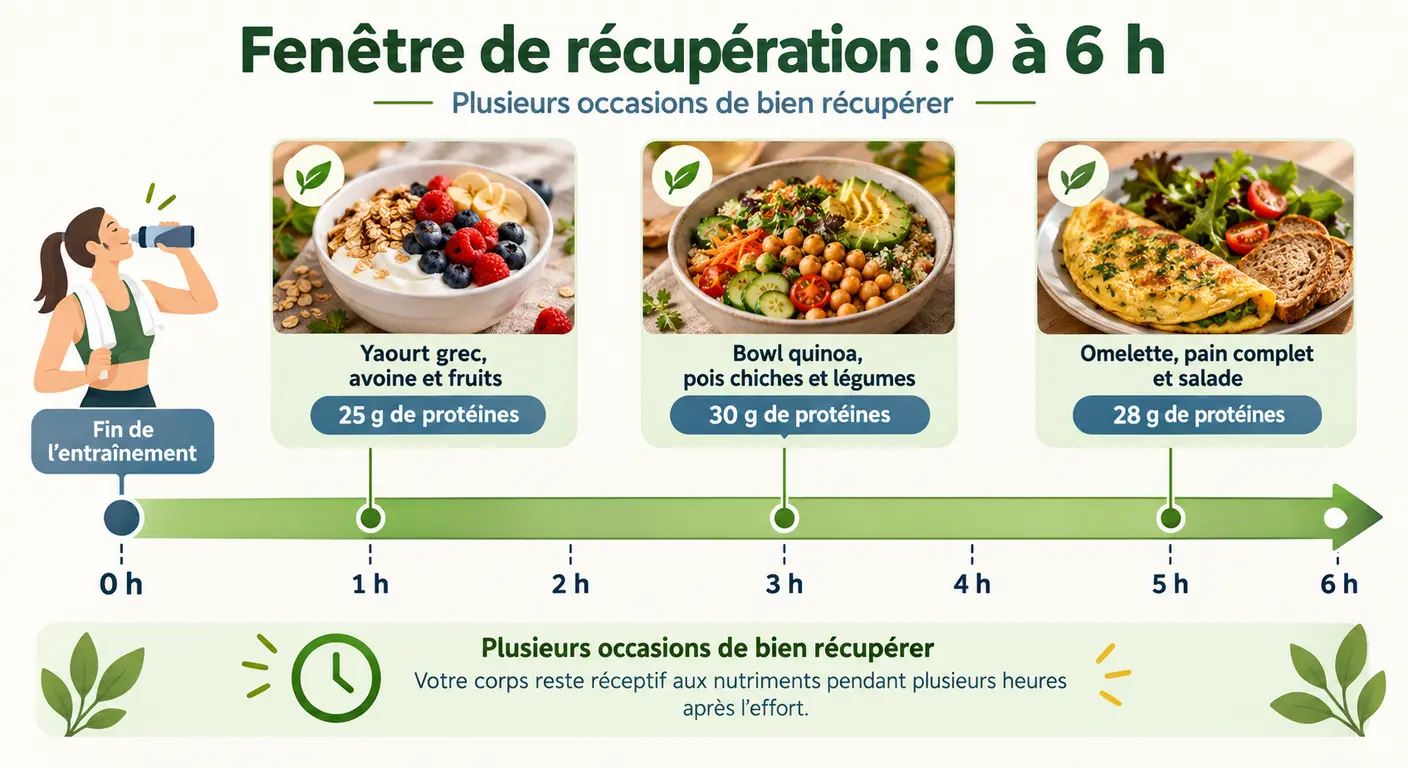 Infographie de la fenêtre de récupération protéique après l'entraînement chez le sportif végétarien
