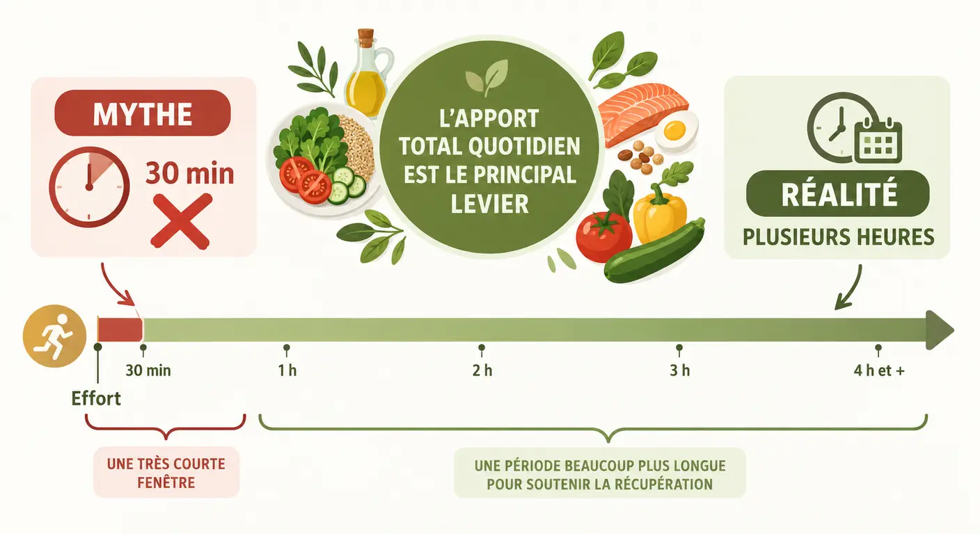 Infographie opposant le mythe de la fenêtre anabolique de trente minutes à la fenêtre de récupération réelle de plusieurs heures