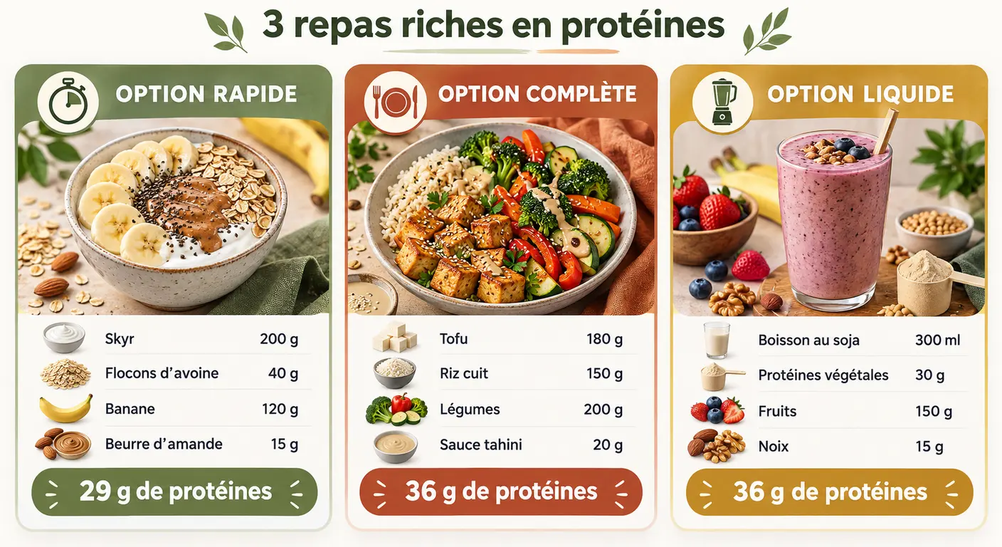 Infographie de trois repas post-entraînement végétariens avec quantités pesées et apport protéique chiffré