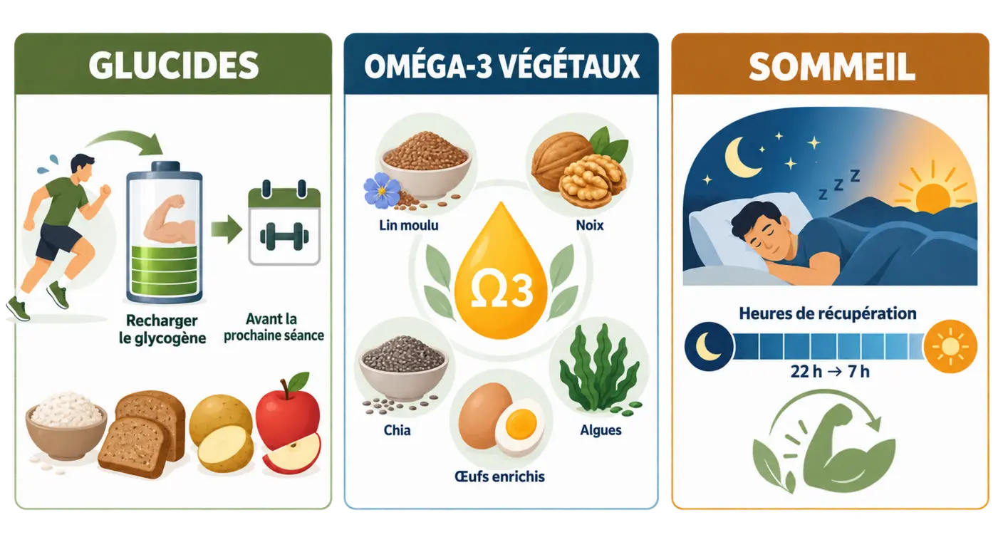 Infographie des trois leviers de récupération au-delà des protéines : glucides, oméga-3 végétaux et sommeil