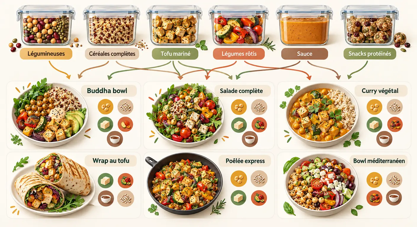 Infographie d'une session de batch cooking végétarien produisant six bases recombinables en six repas