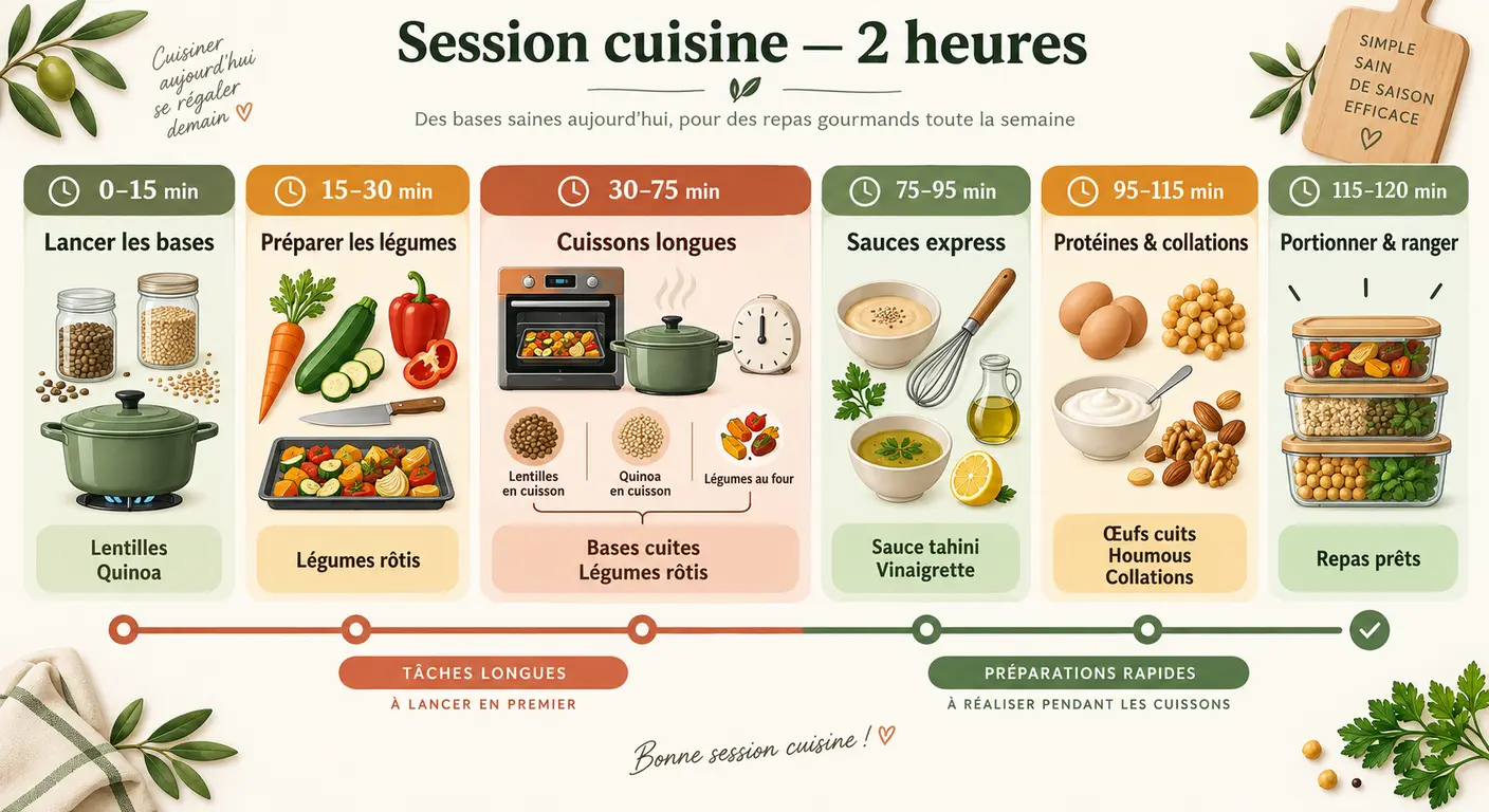 Infographie du déroulé minuté d'une session de batch cooking végétarien de deux heures produisant six bases