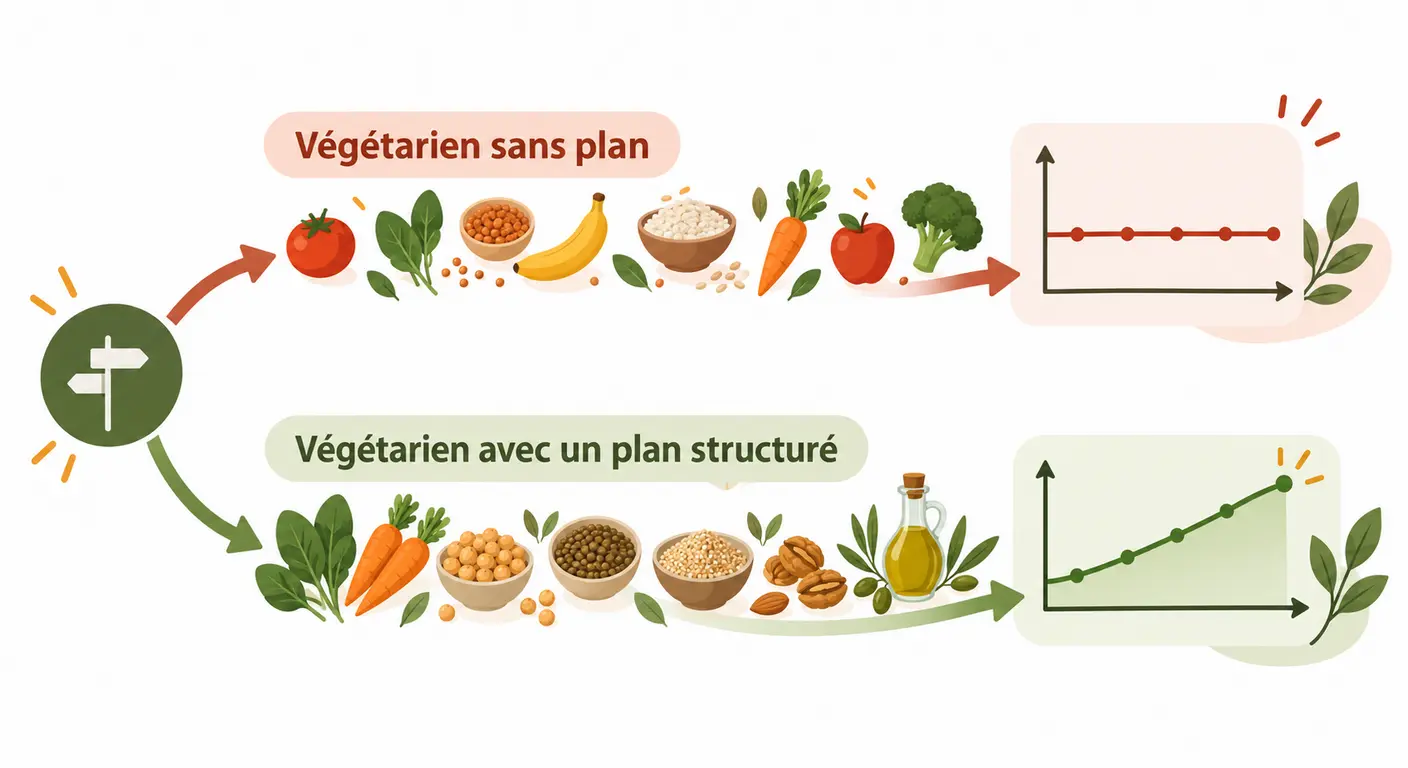 Infographie montrant deux trajectoires de résultats pour un même régime végétarien, avec et sans plan structuré