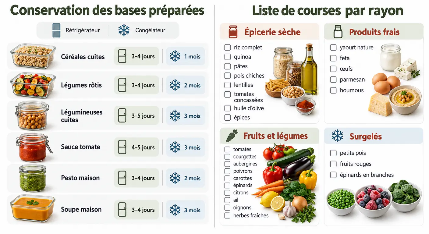 Infographie des durées de conservation des préparations végétariennes et de la liste de courses organisée par rayon