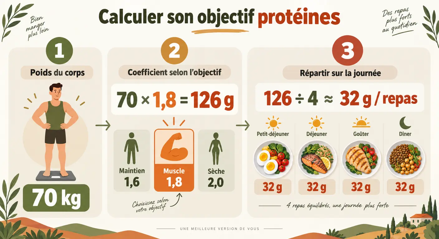 Infographie du calcul de la cible protéique quotidienne d'un sportif végétarien en trois étapes