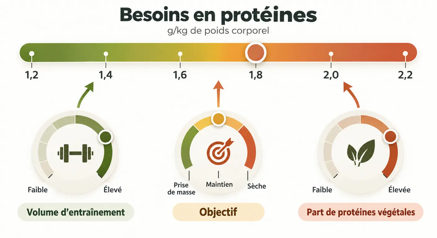 Infographie des trois variables qui déplacent la cible protéique du sportif végétarien sur une échelle en grammes par kilo