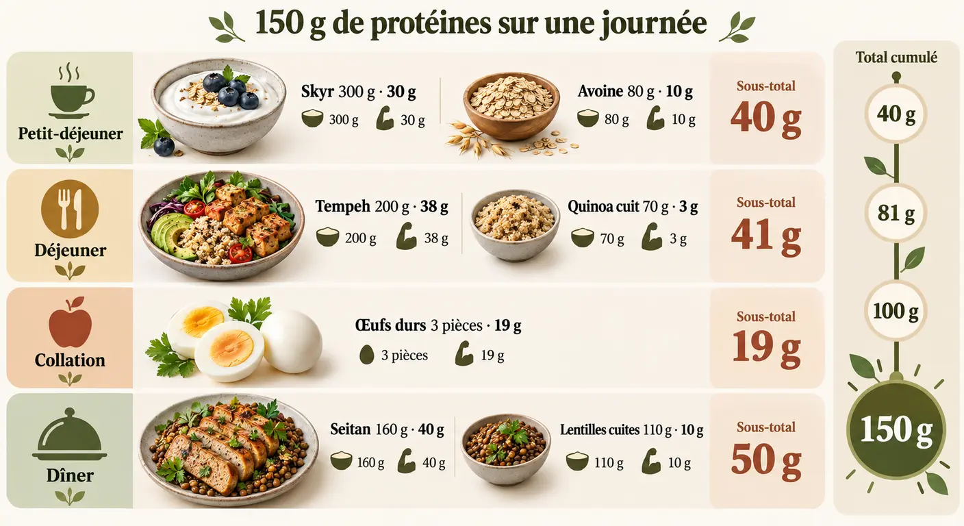 Infographie décomposant une journée végétarienne à 150 grammes de protéines, prise par prise et aliment par aliment