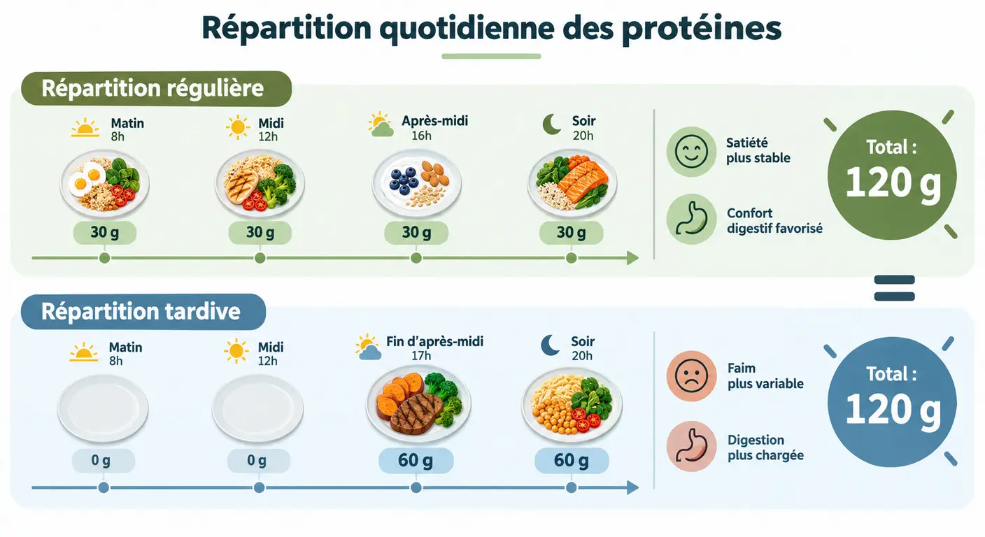 Infographie comparant une répartition homogène des protéines et une concentration en fin de journée pour un même total quotidien