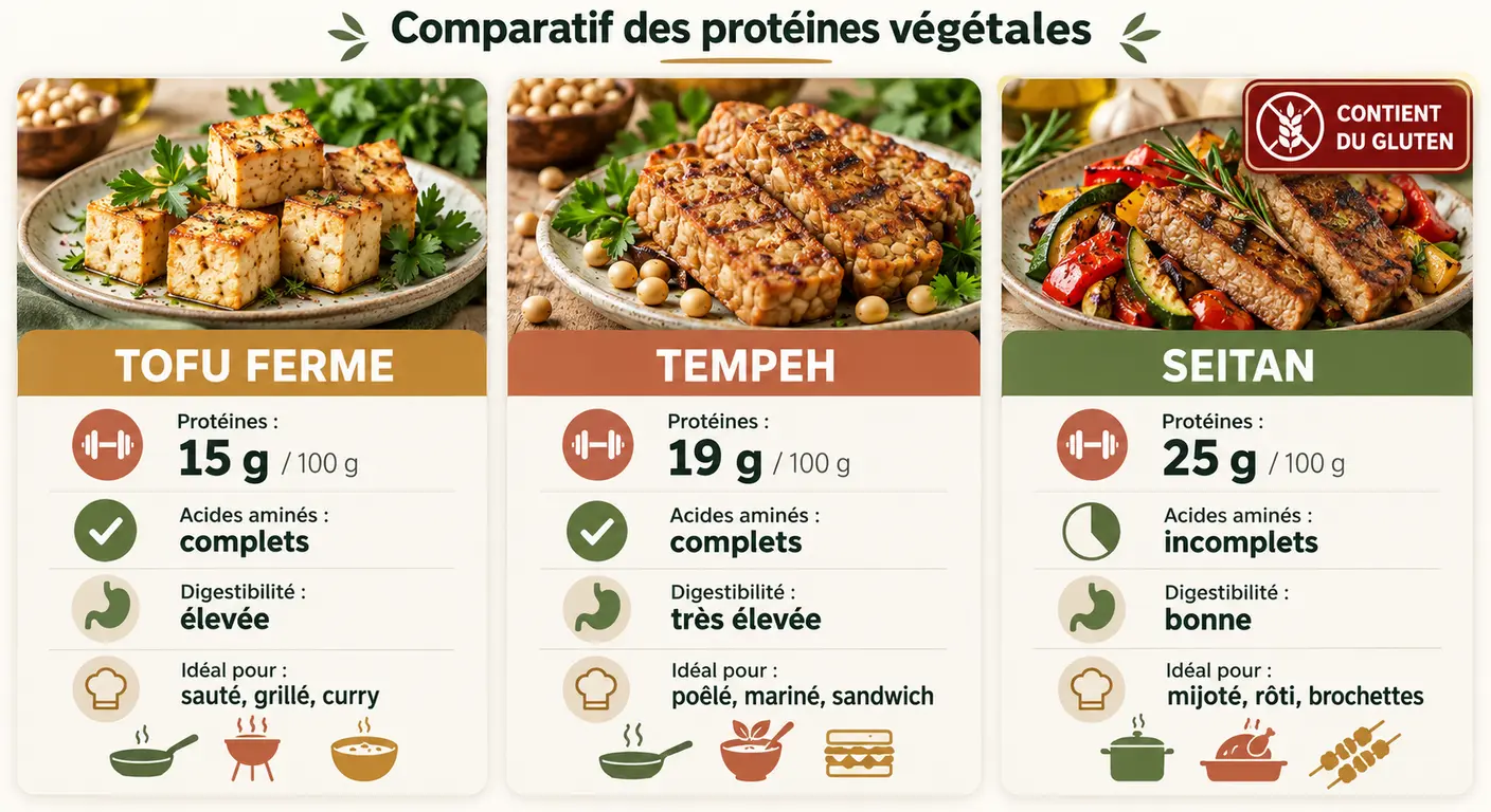 Infographie comparant tofu ferme, tempeh et seitan sur la densité protéique, la complétude, la digestibilité et l'usage culinaire