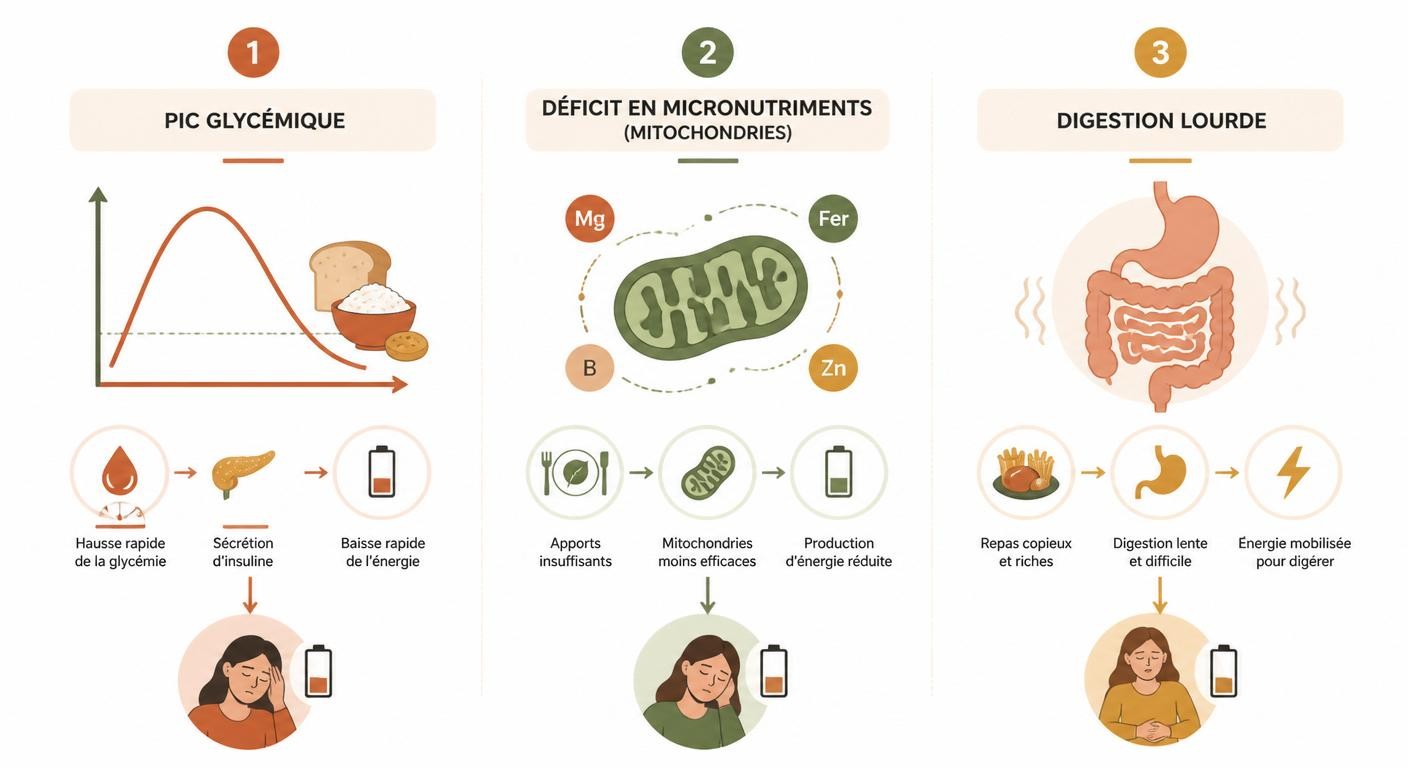 Infographie des trois mécanismes physiologiques de la fatigue alimentaire