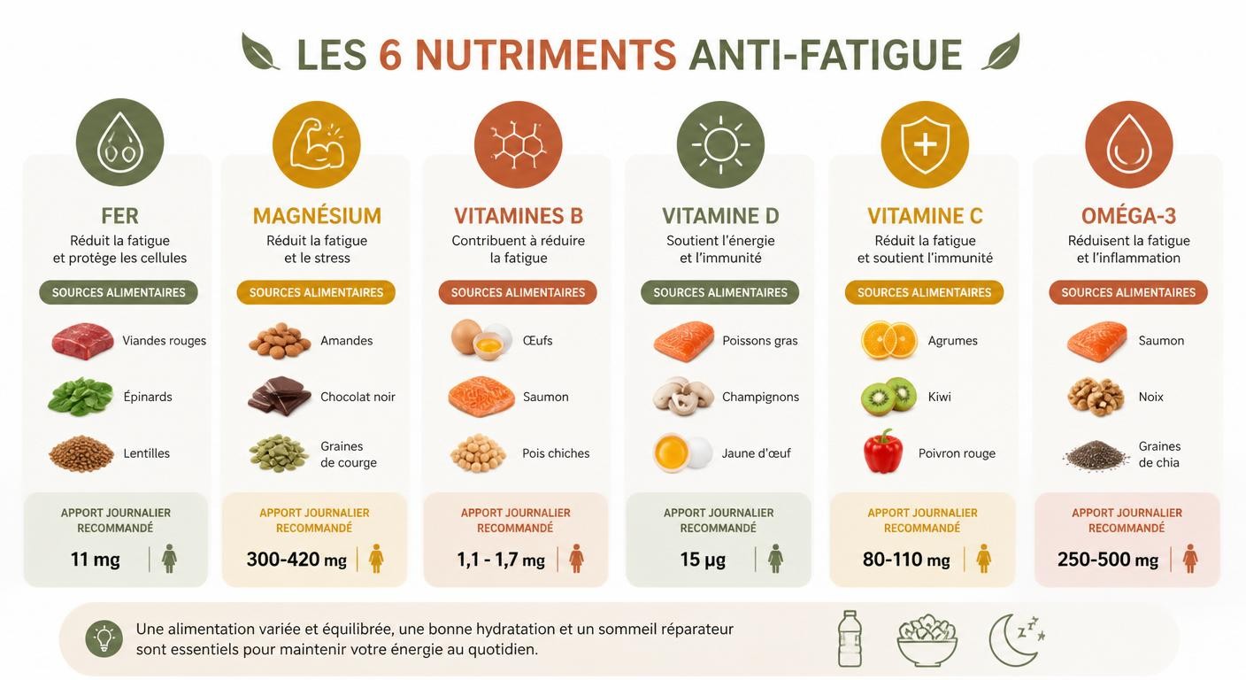 Infographie des 6 nutriments anti-fatigue et de leurs sources