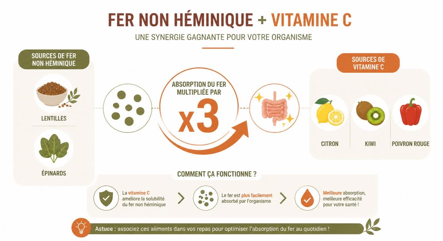 Infographie de la synergie fer et vitamine C pour optimiser l'absorption du fer