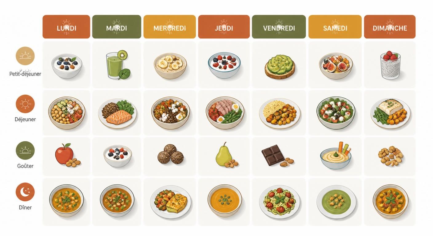 Infographie du plan repas anti-fatigue sur 7 jours