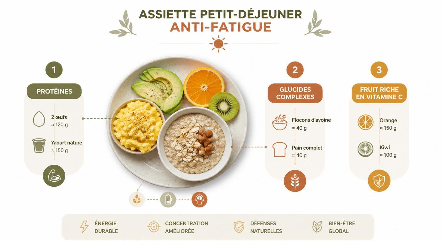 Infographie des trois piliers du petit-déjeuner anti-fatigue