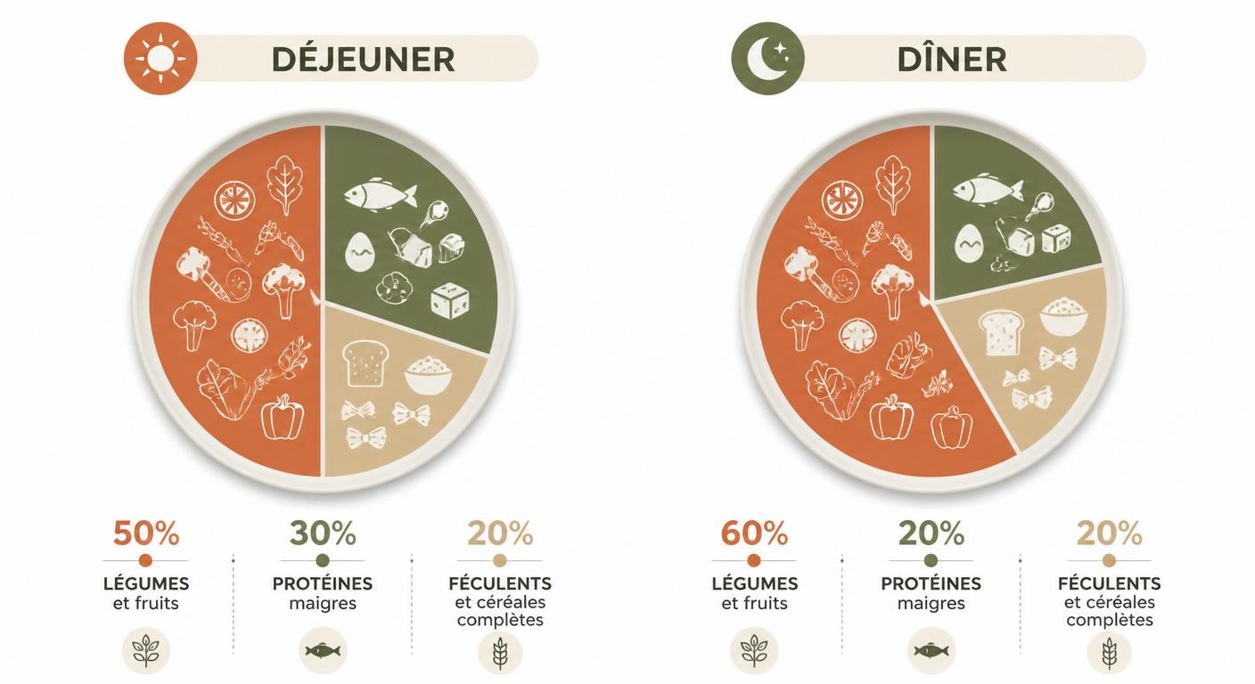 Infographie des règles d'assiette déjeuner et dîner anti-fatigue