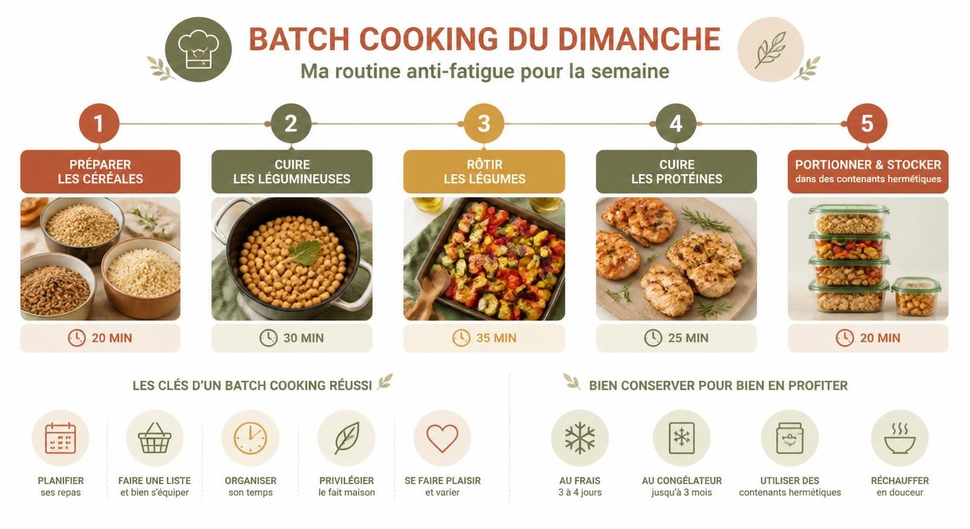 Infographie du batch cooking du dimanche pour le plan repas anti-fatigue