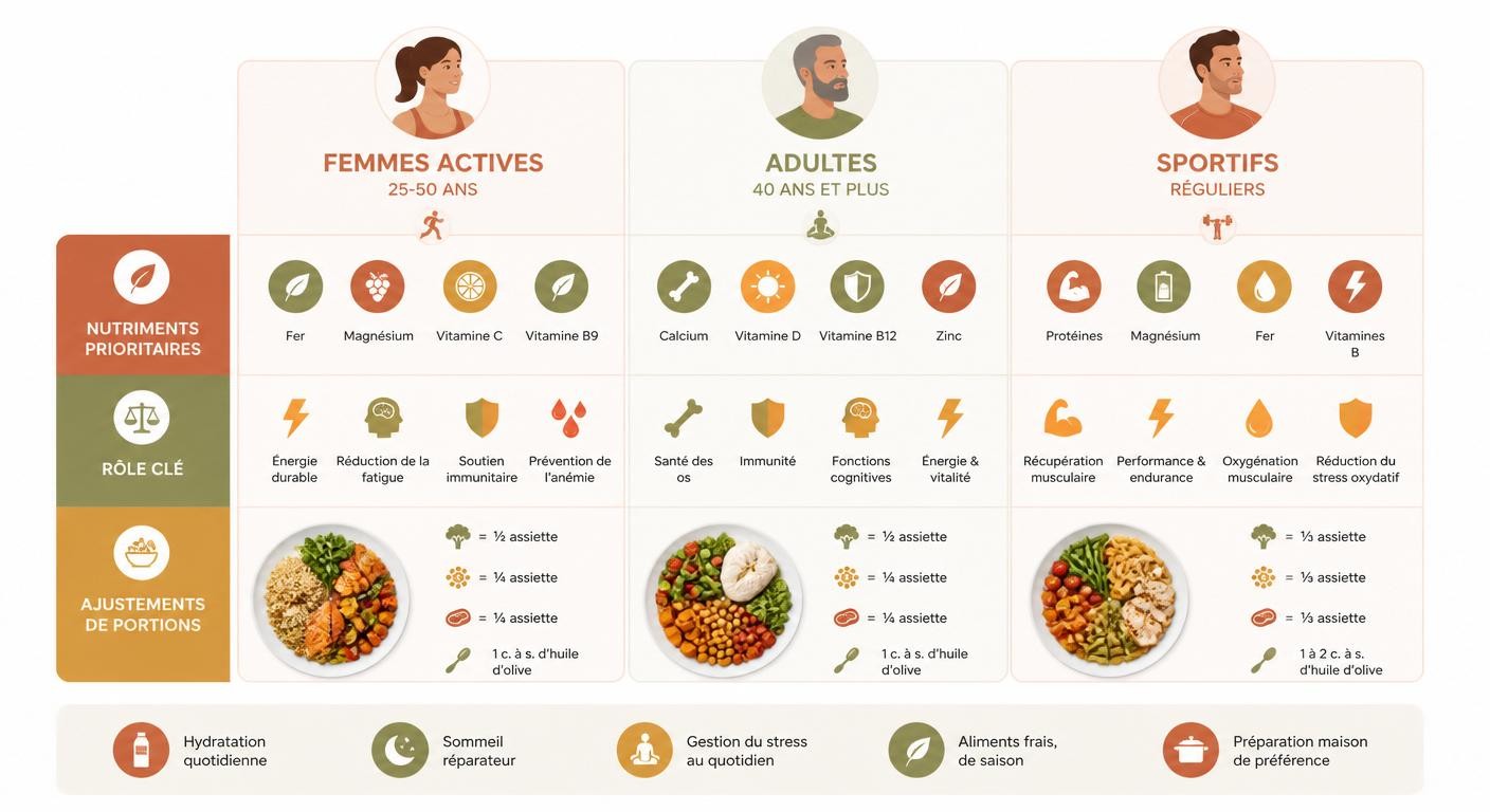 Infographie de personnalisation du plan repas anti-fatigue par profil