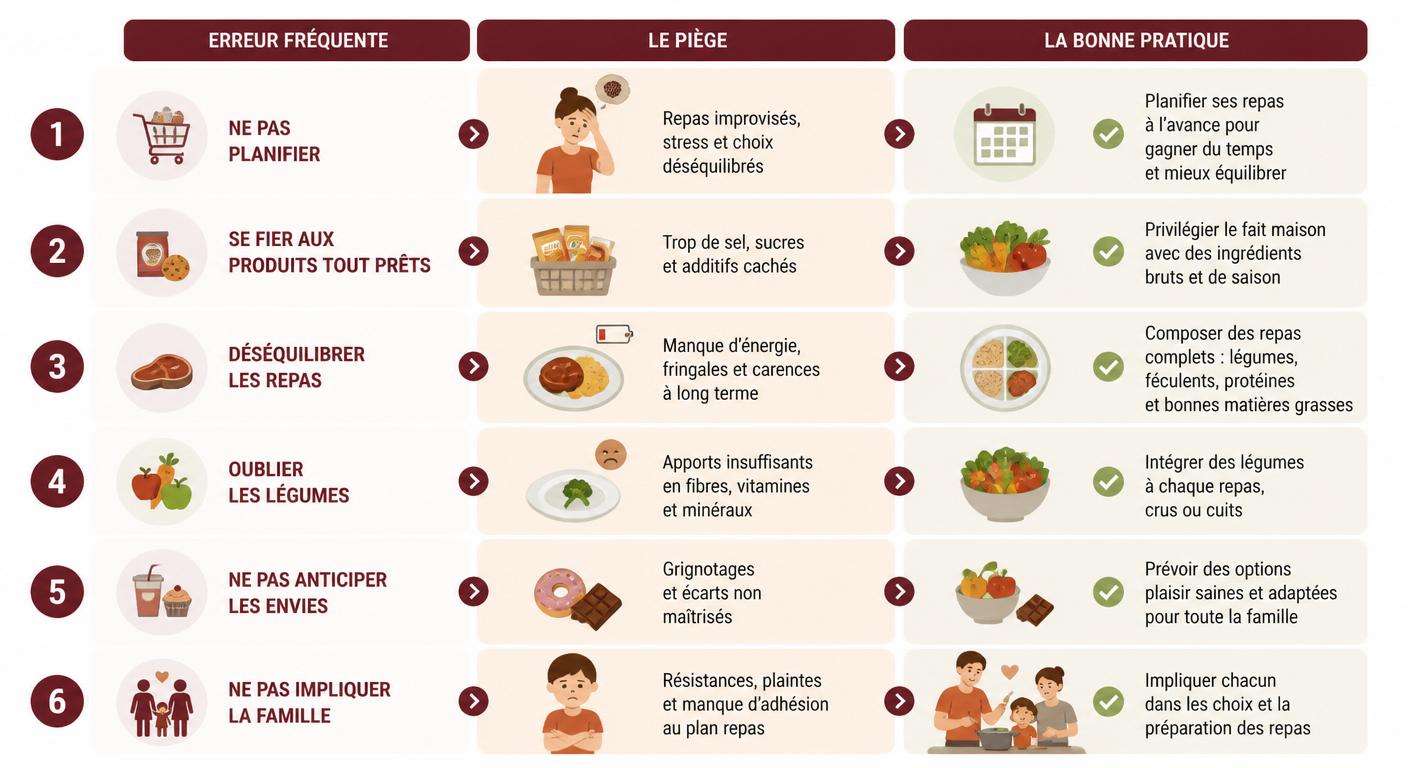 Infographie des erreurs à éviter dans un plan repas équilibré famille