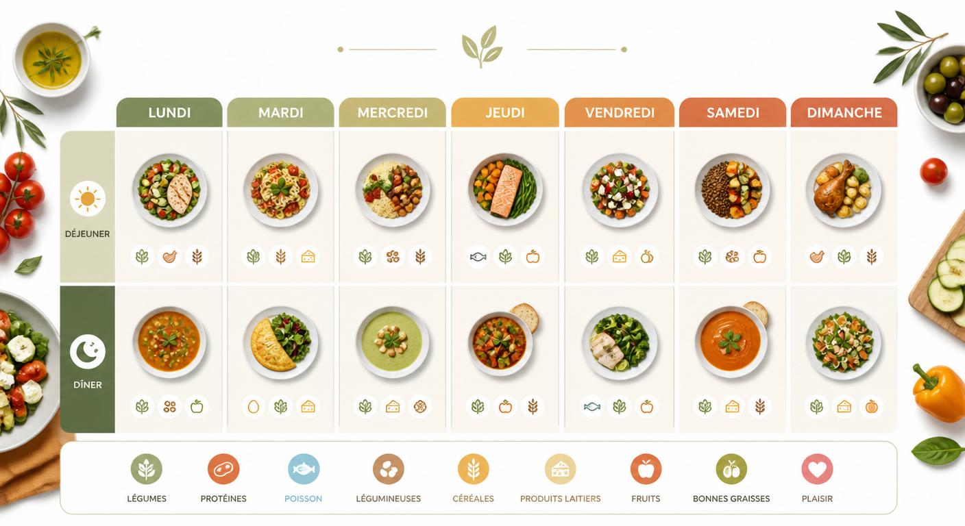 Infographie du plan repas équilibré famille sur 7 jours