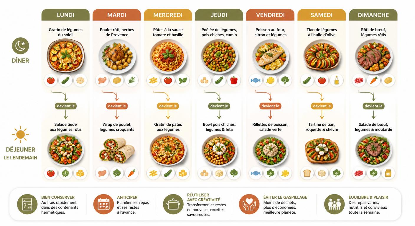 Infographie de la logique des restes valorisés dans le plan repas équilibré famille sur 7 jours