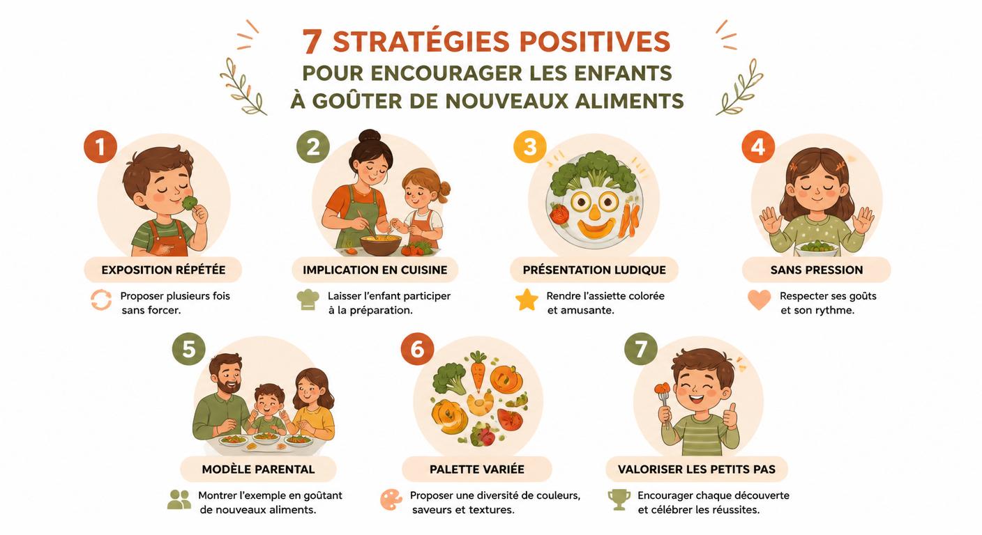 Infographie des stratégies pour faire goûter de nouveaux aliments aux enfants