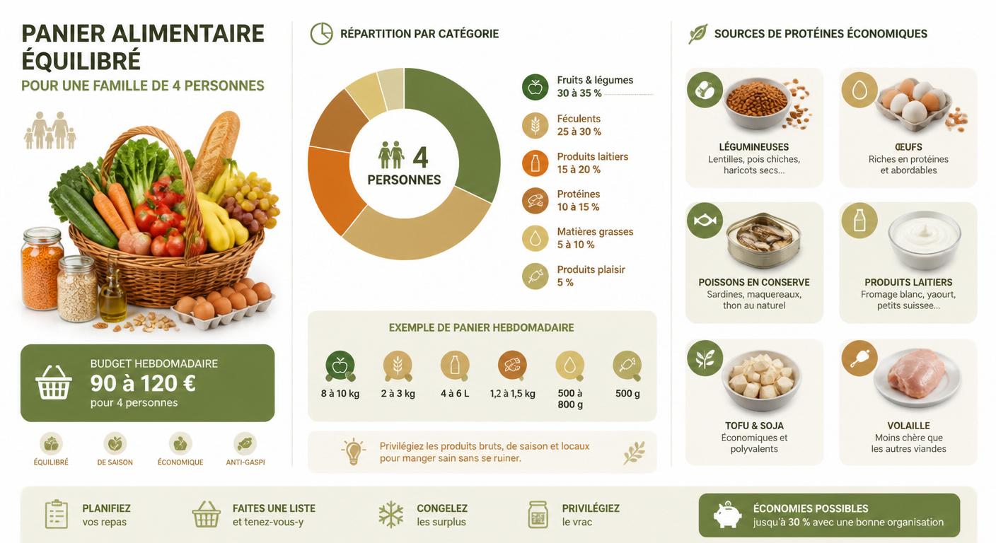 Infographie du panier équilibré famille petit budget