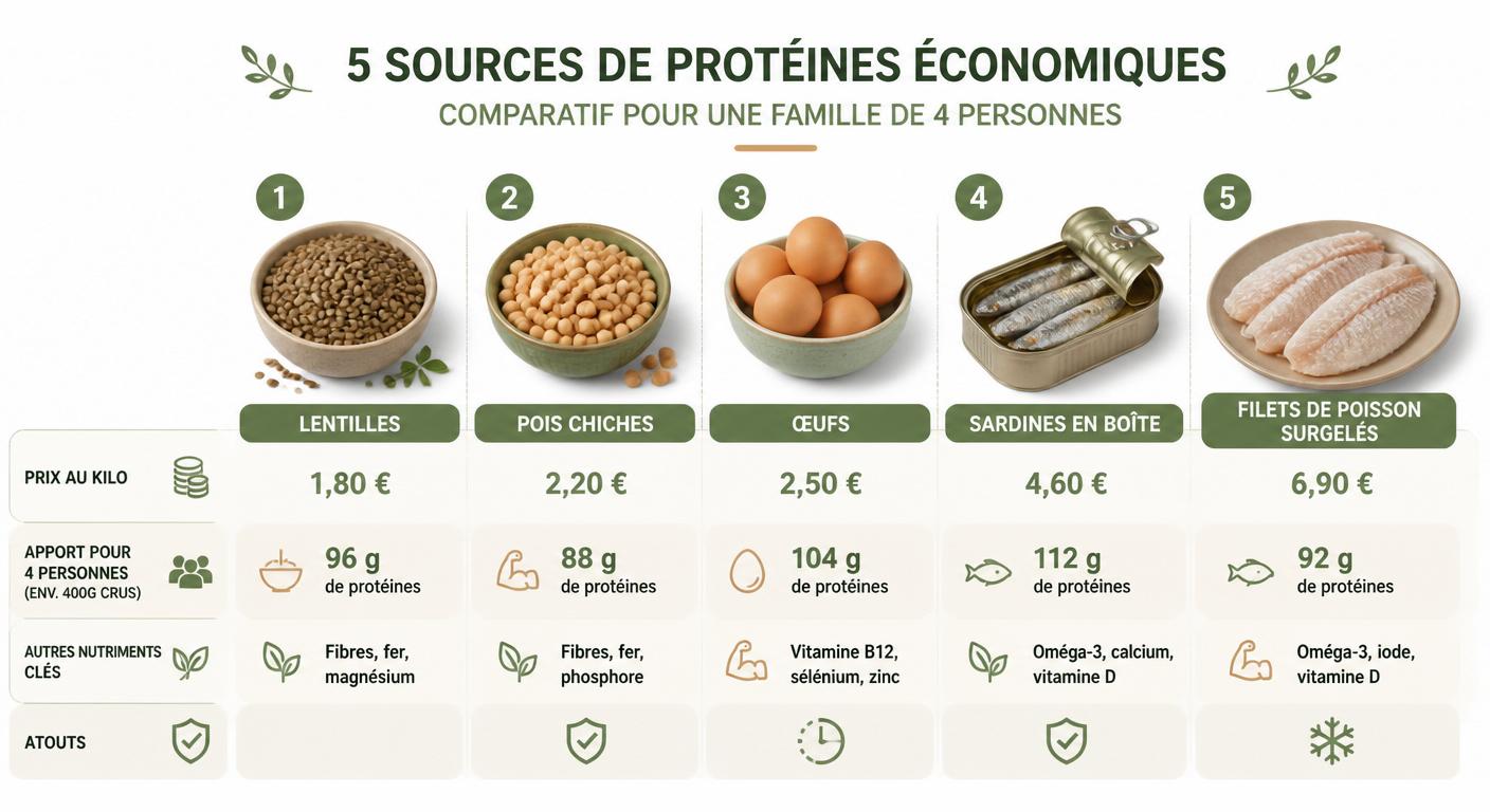 Infographie des protéines économiques pour un plan repas équilibré famille petit budget