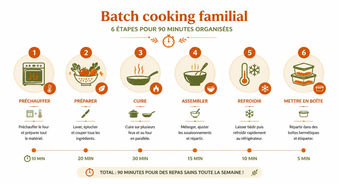 Infographie déroulé d'une session batch cooking famille de 90 minutes