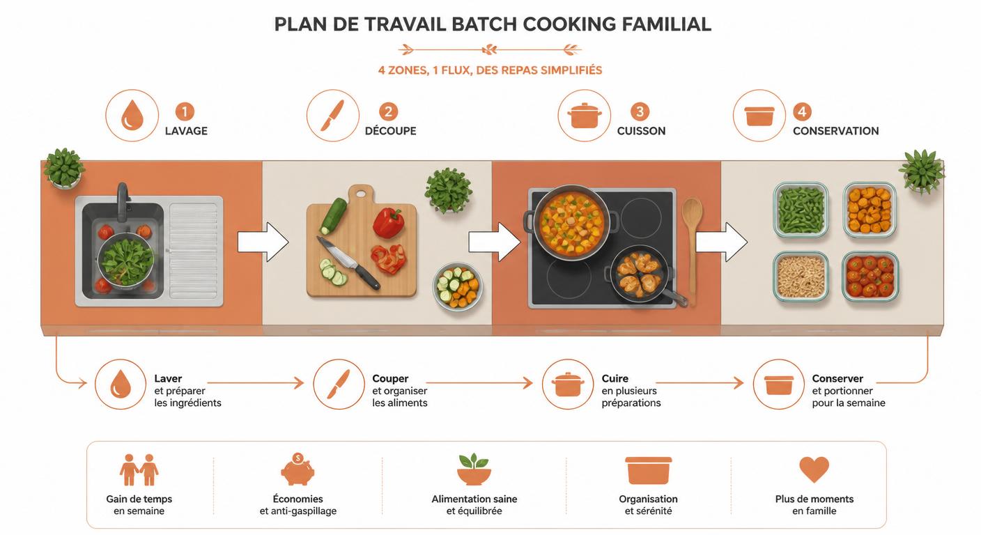 Infographie d'organisation du plan de travail pour une session batch cooking famille