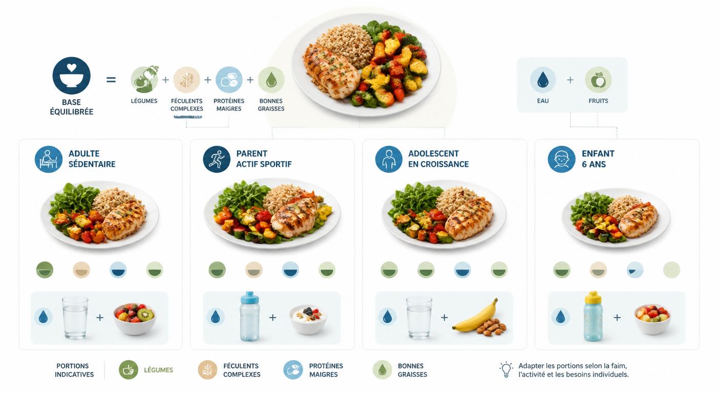 Infographie d'adaptation du plan repas équilibré selon chaque membre de la famille