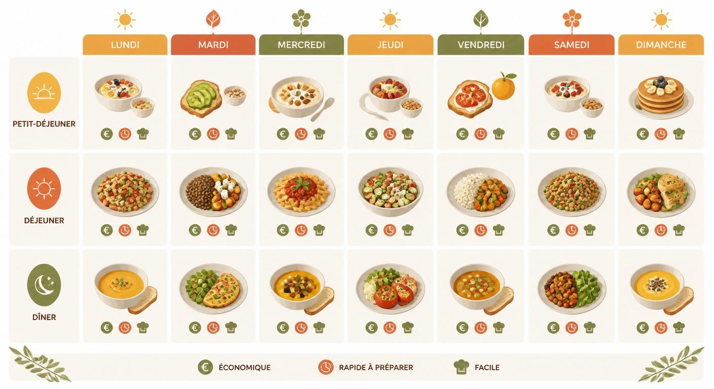 Calendrier d'un menu équilibré de la semaine à petit budget