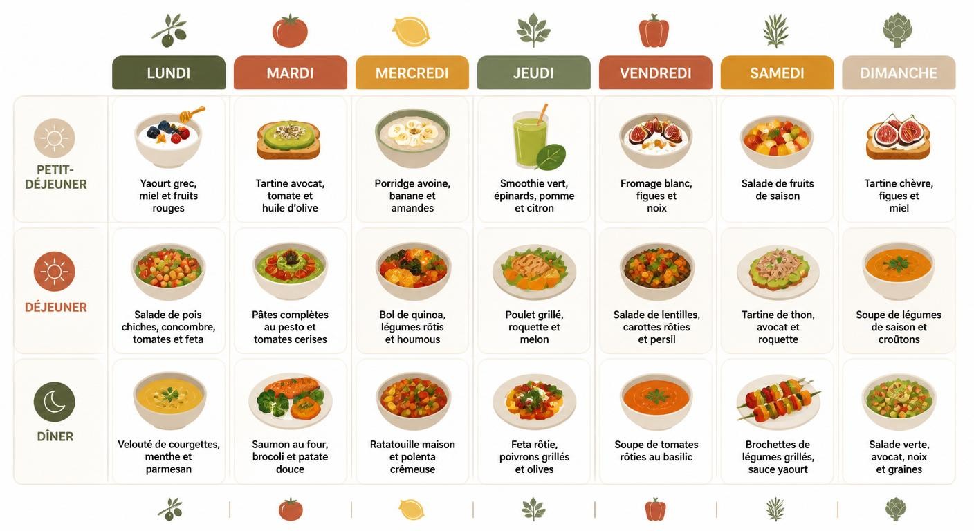 Détail du menu équilibré de la semaine à petit budget du lundi au dimanche