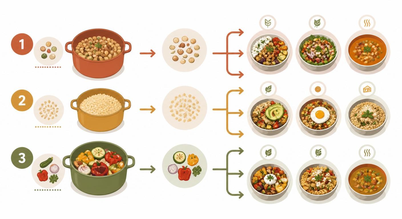 Méthode du batch cooking en trois blocs déclinés sur plusieurs repas