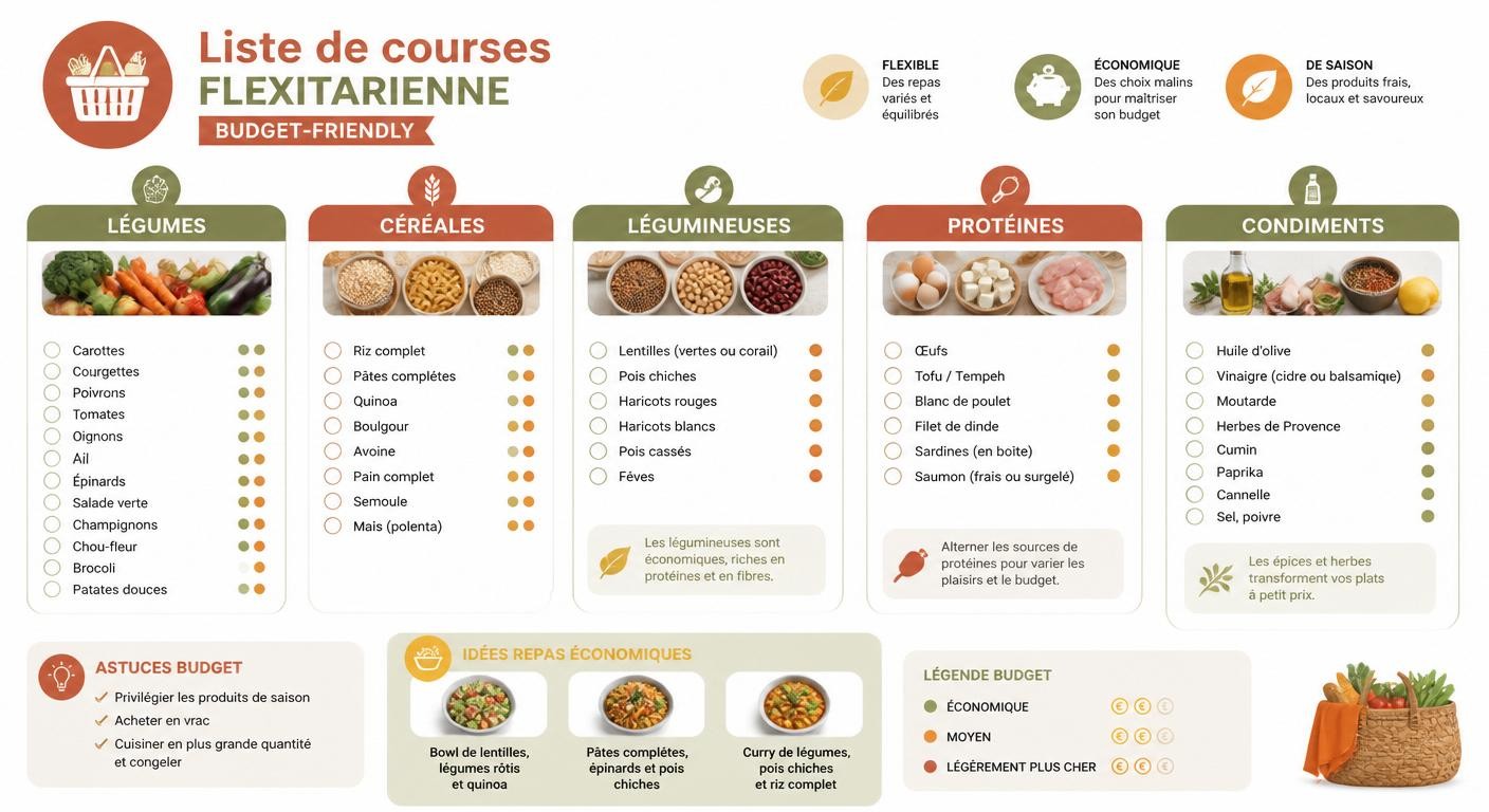 Infographie de la liste de courses flexitarienne organisée par rayon