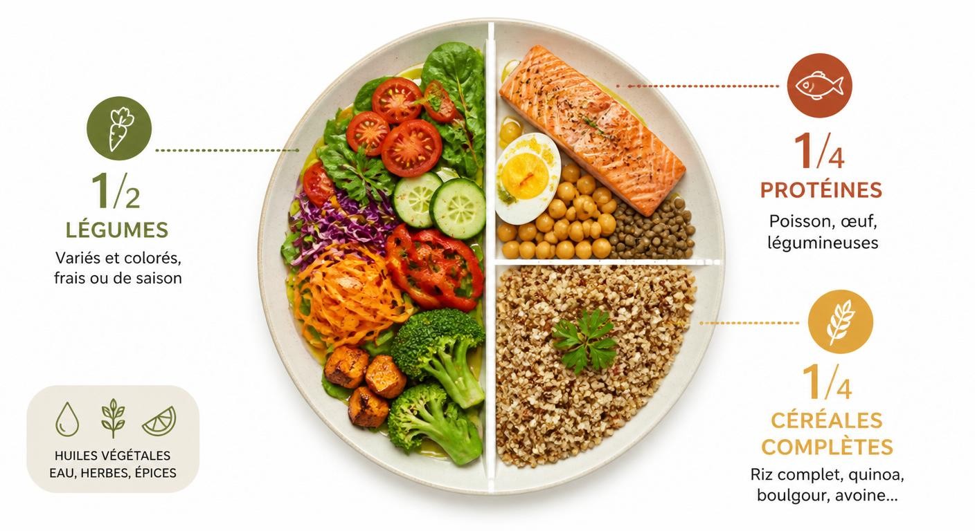 Assiette équilibrée répartie en moitié légumes, quart protéines, quart céréales complètes