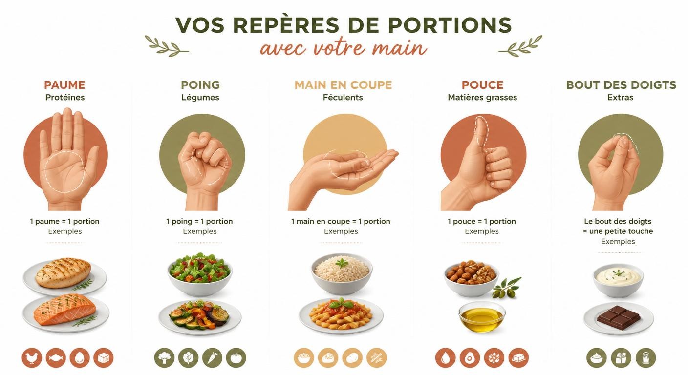 Repères de portions mesurées avec la main pour chaque groupe d'aliments
