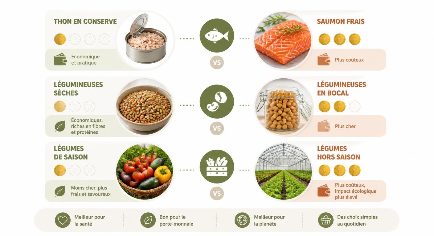 Comparatif d'aliments sains économiques face à leurs alternatives plus chères