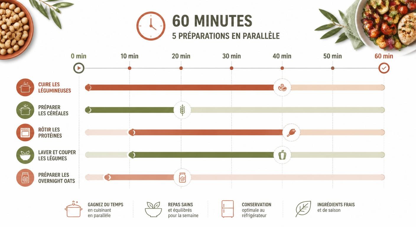 Déroulé d'une session de batch cooking de 60 minutes pour débutant