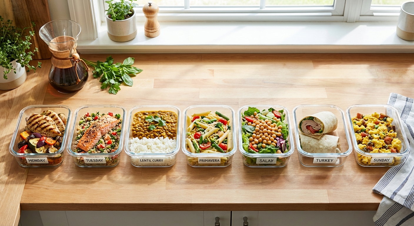 Étapes du batch cooking : préparation, cuisson simultanée, portionnement et stockage en contenants