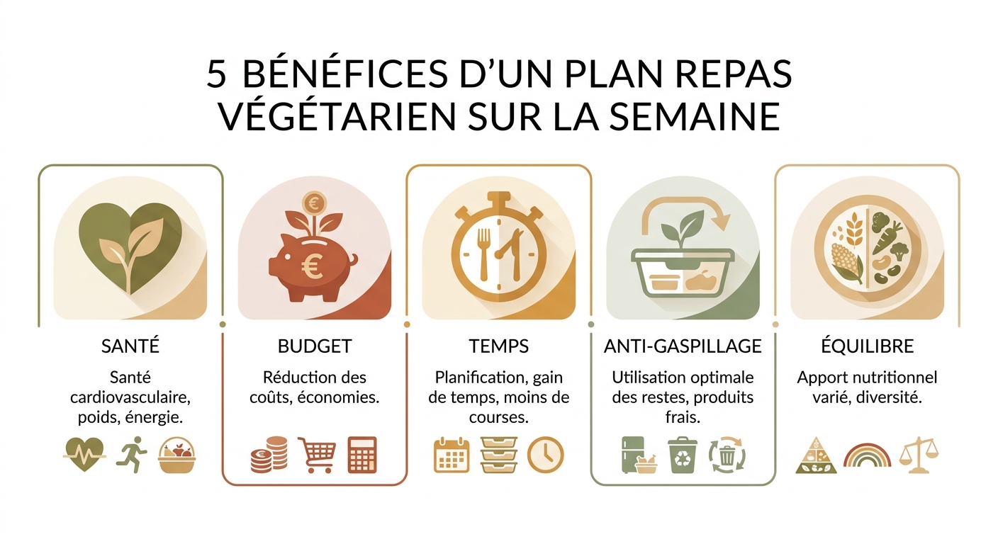 Infographie des 5 bénéfices d'un plan repas végétarien sur une semaine