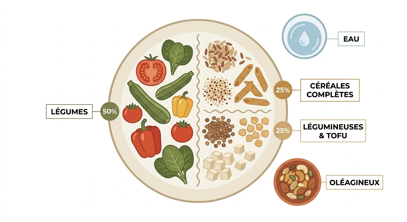 Schéma de l'assiette végétarienne équilibrée type avec proportions