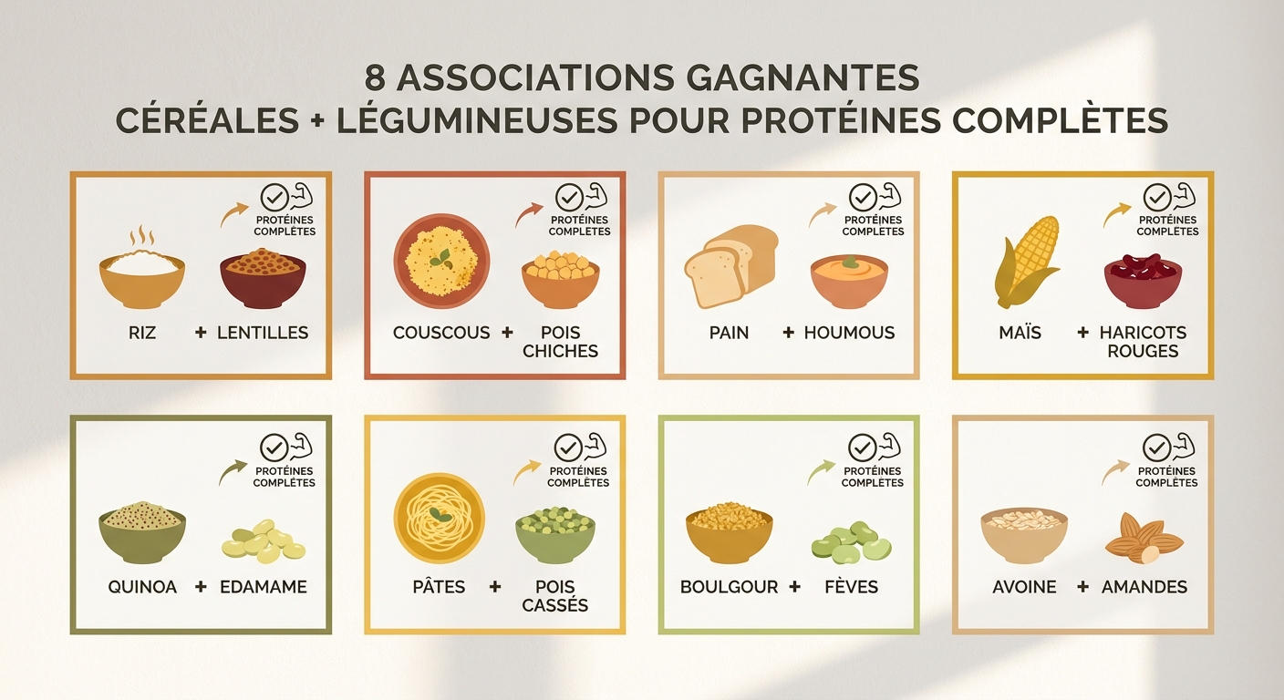 Infographie des associations céréales-légumineuses pour protéines végétales complètes