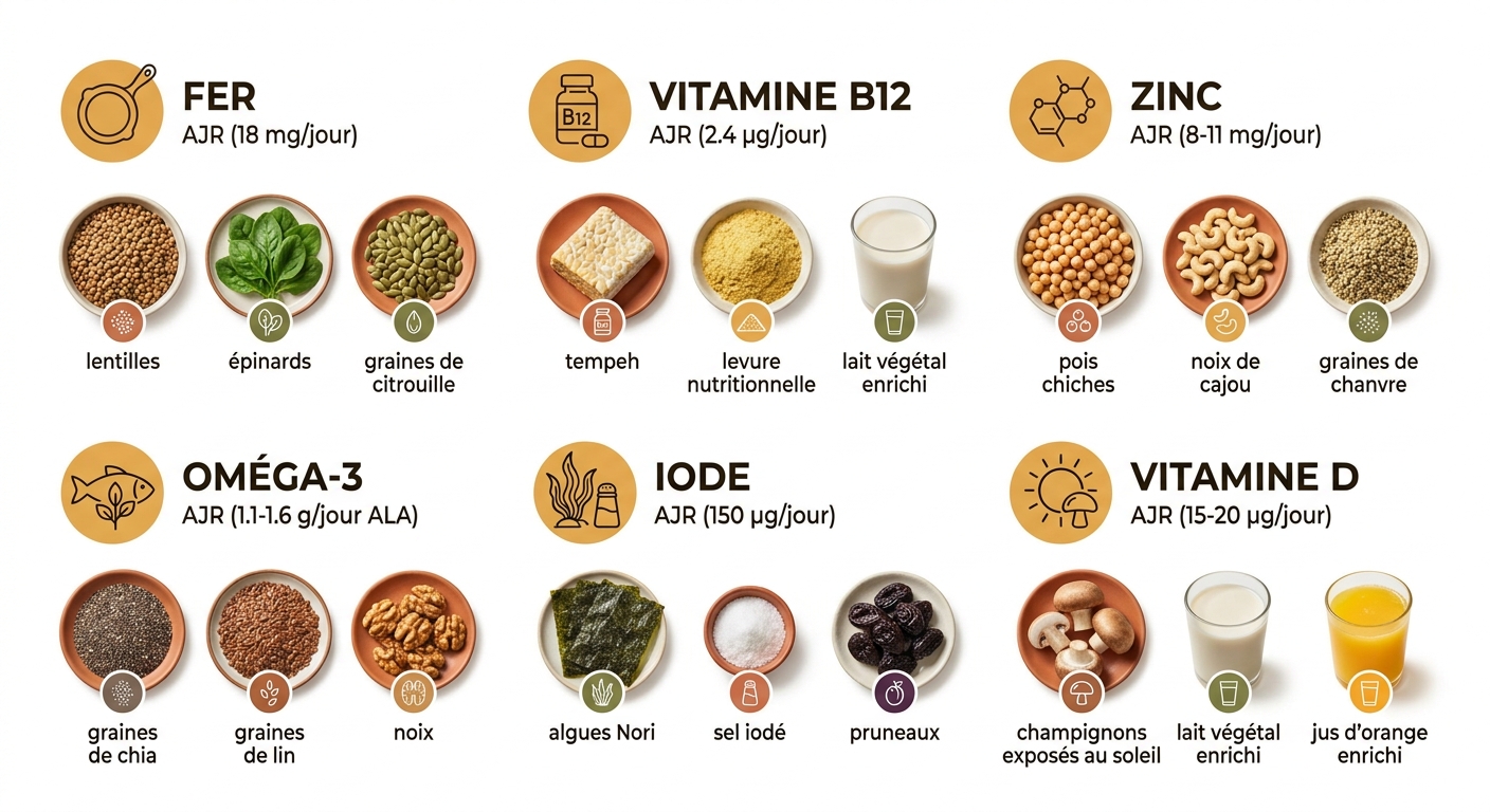 Infographie des 6 micronutriments à surveiller en alimentation végétarienne